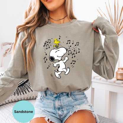 Comfort Colors® Snoopy Dancing with Woodstock Long Sleeve T-Shirt, Peanuts Music Cozy Cartoon Shirt