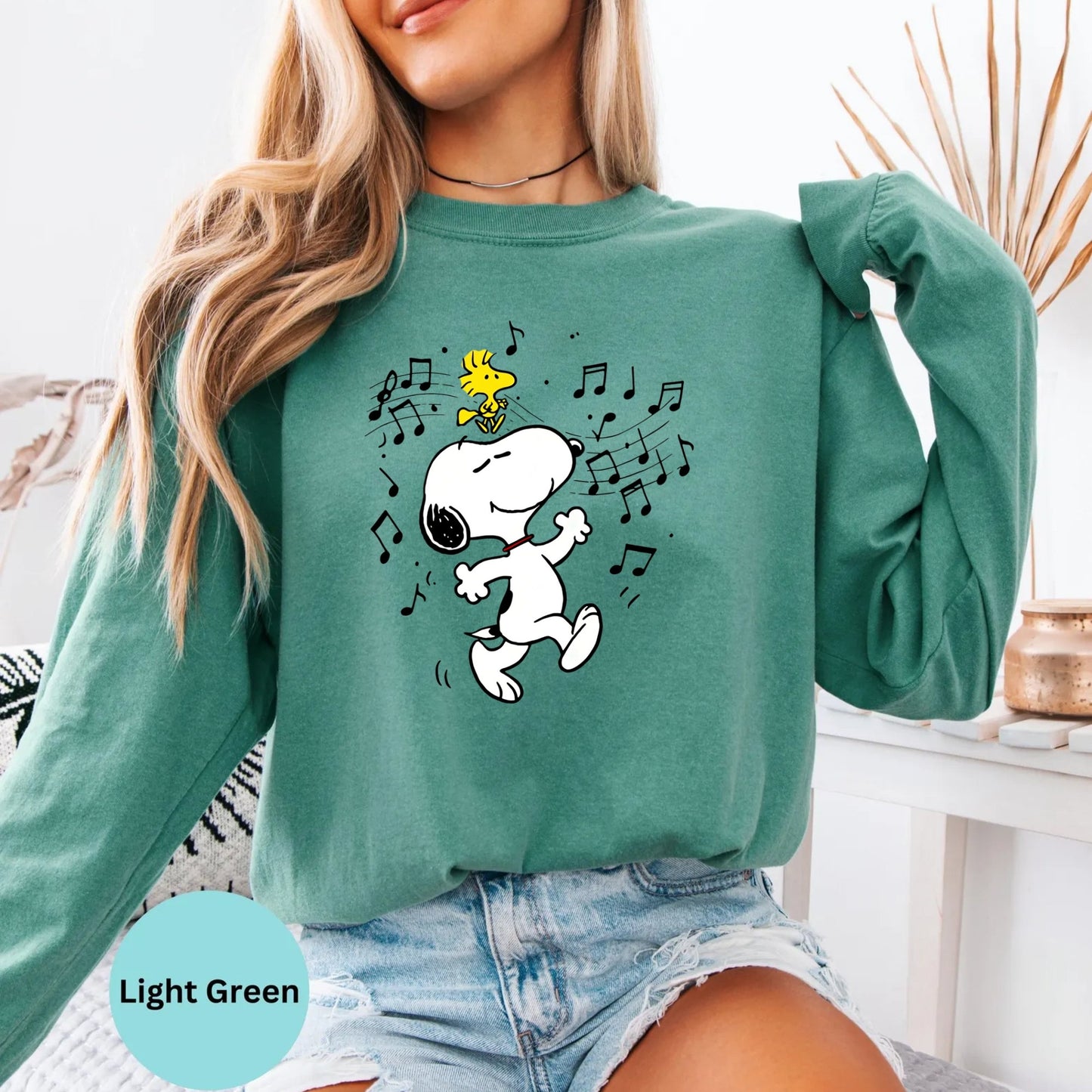 Comfort Colors® Snoopy Dancing with Woodstock Long Sleeve T-Shirt, Peanuts Music Cozy Cartoon Shirt