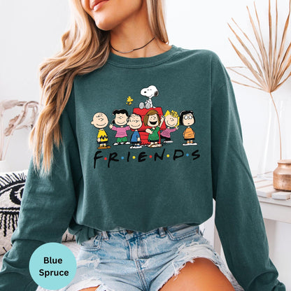Comfort Colors® Snoopy Friends Christmas Long Sleeve T-Shirt, Peanuts Holiday Cartoon Group Festive Shirt