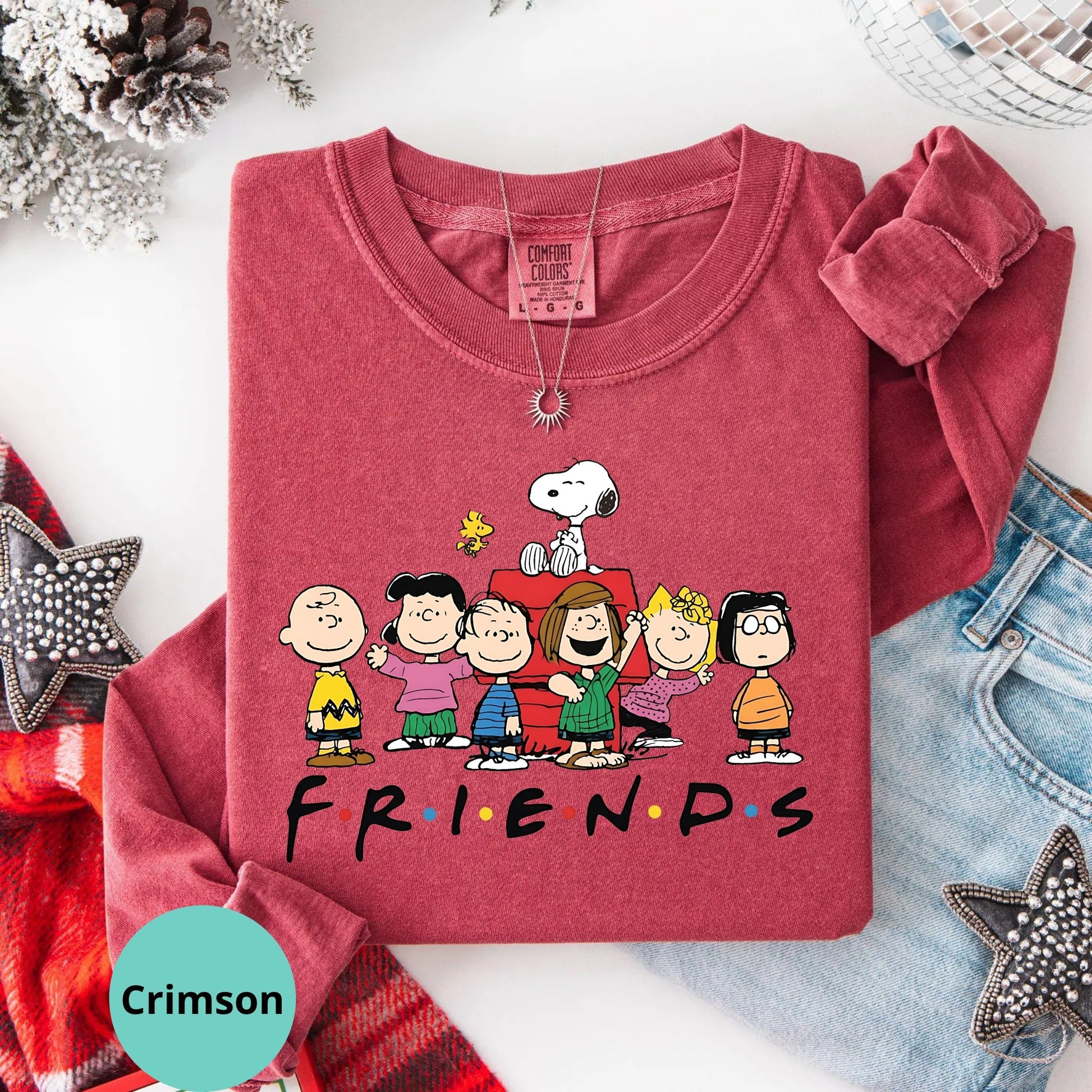Crimson long sleeve with Snoopy Friends Christmas cartoon graphic