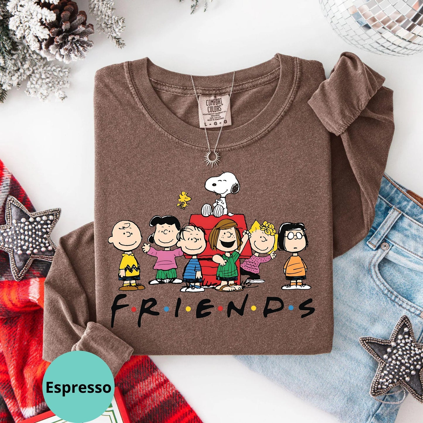 Comfort Colors® Snoopy Friends Christmas Long Sleeve T-Shirt, Peanuts Holiday Cartoon Group Festive Shirt