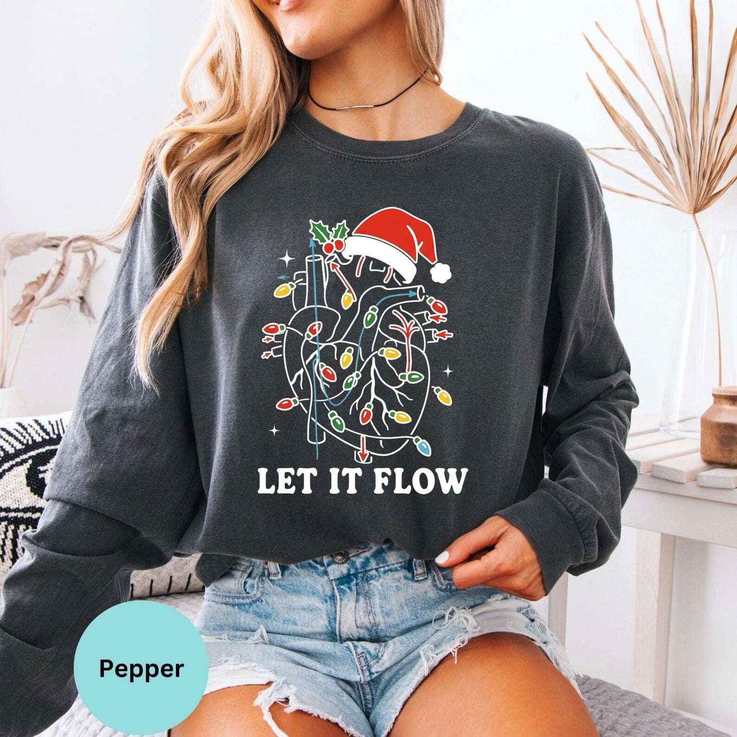 Comfort Colors Let It Flow cardiac nurse long sleeve shirt in Pepper, holiday medical lights design.