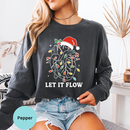 Comfort Colors Let It Flow cardiac nurse long sleeve shirt in Pepper, holiday medical lights design.