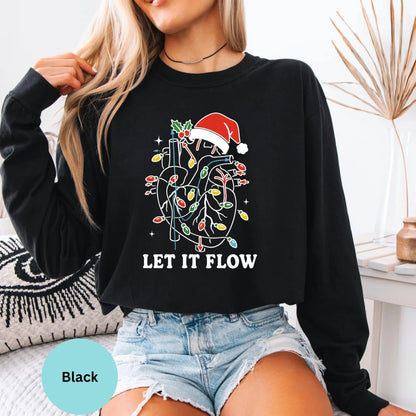 Comfort Colors Let It Flow cardiac nurse long sleeve shirt in Black, Christmas cardiology artwork.