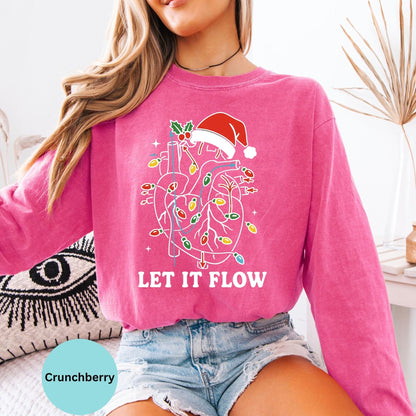 Comfort Colors Let It Flow cardiac nurse long sleeve shirt in Crunchberry, festive cardiology design.