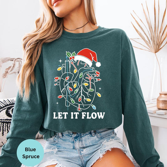 Comfort Colors Let It Flow cardiac nurse long sleeve shirt in Blue Spruce, Christmas lights design.