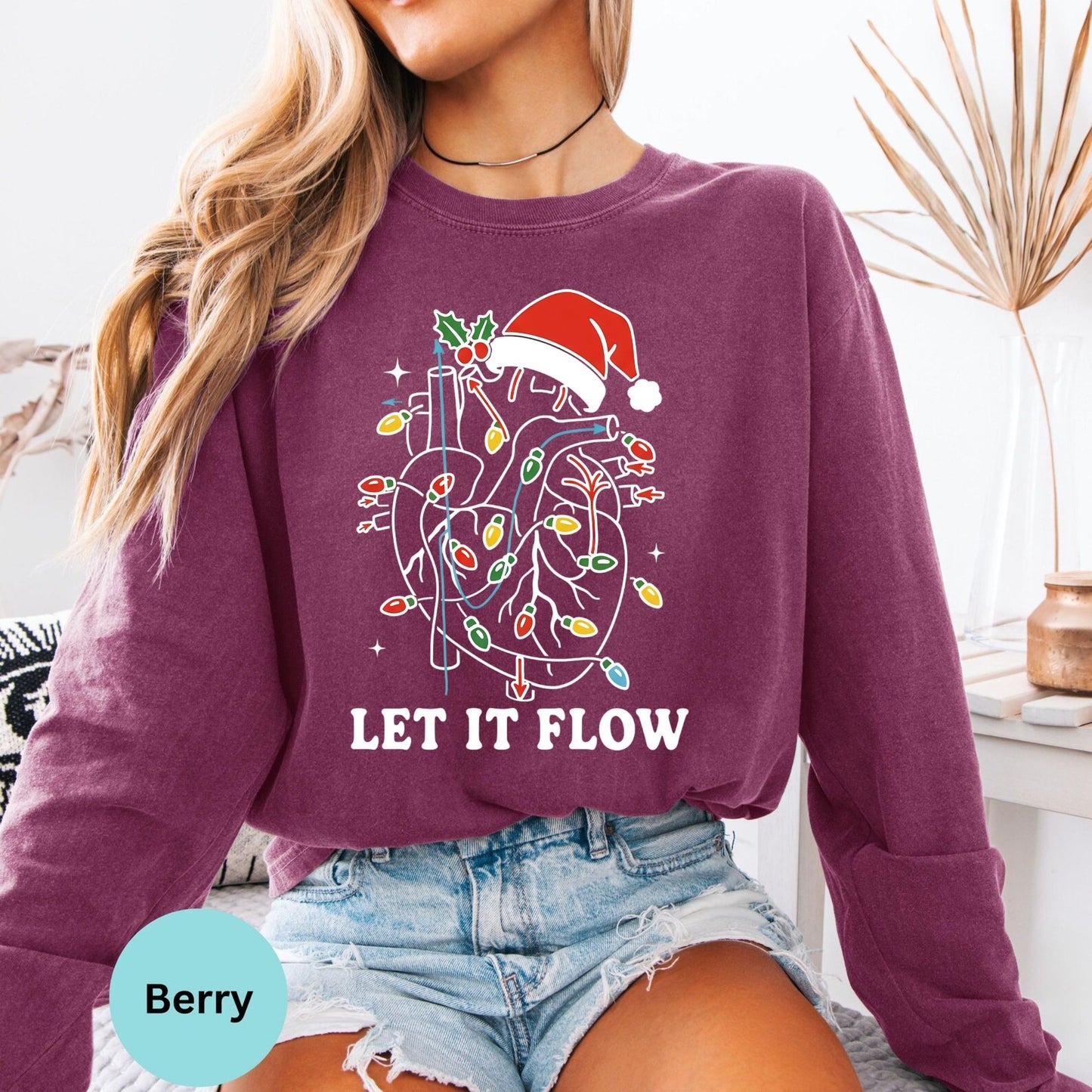 Comfort Colors Let It Flow cardiac nurse long sleeve shirt in Berry, cardiology Christmas graphic.