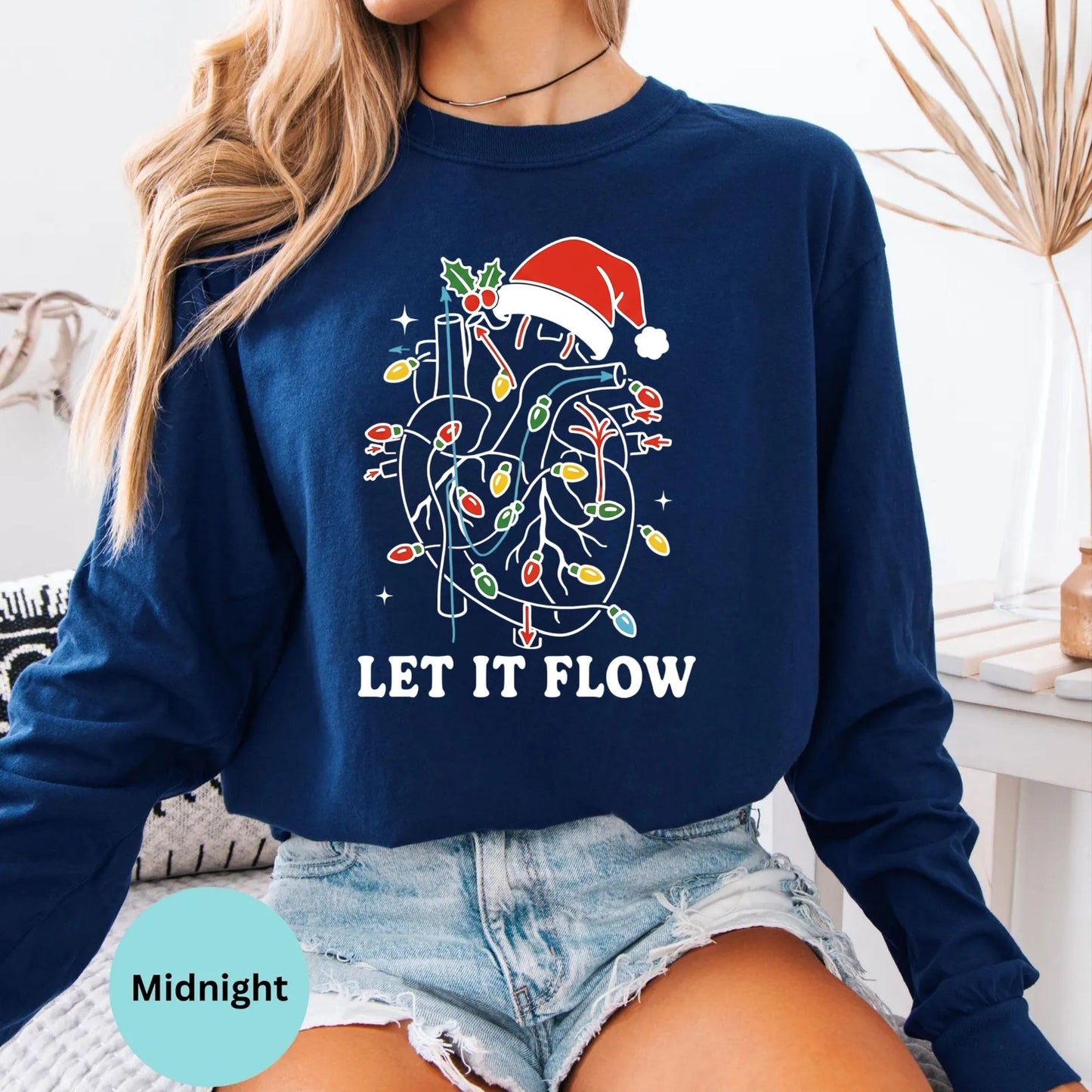 Comfort Colors Let It Flow cardiac nurse long sleeve shirt in Midnight, holiday lights medical theme.