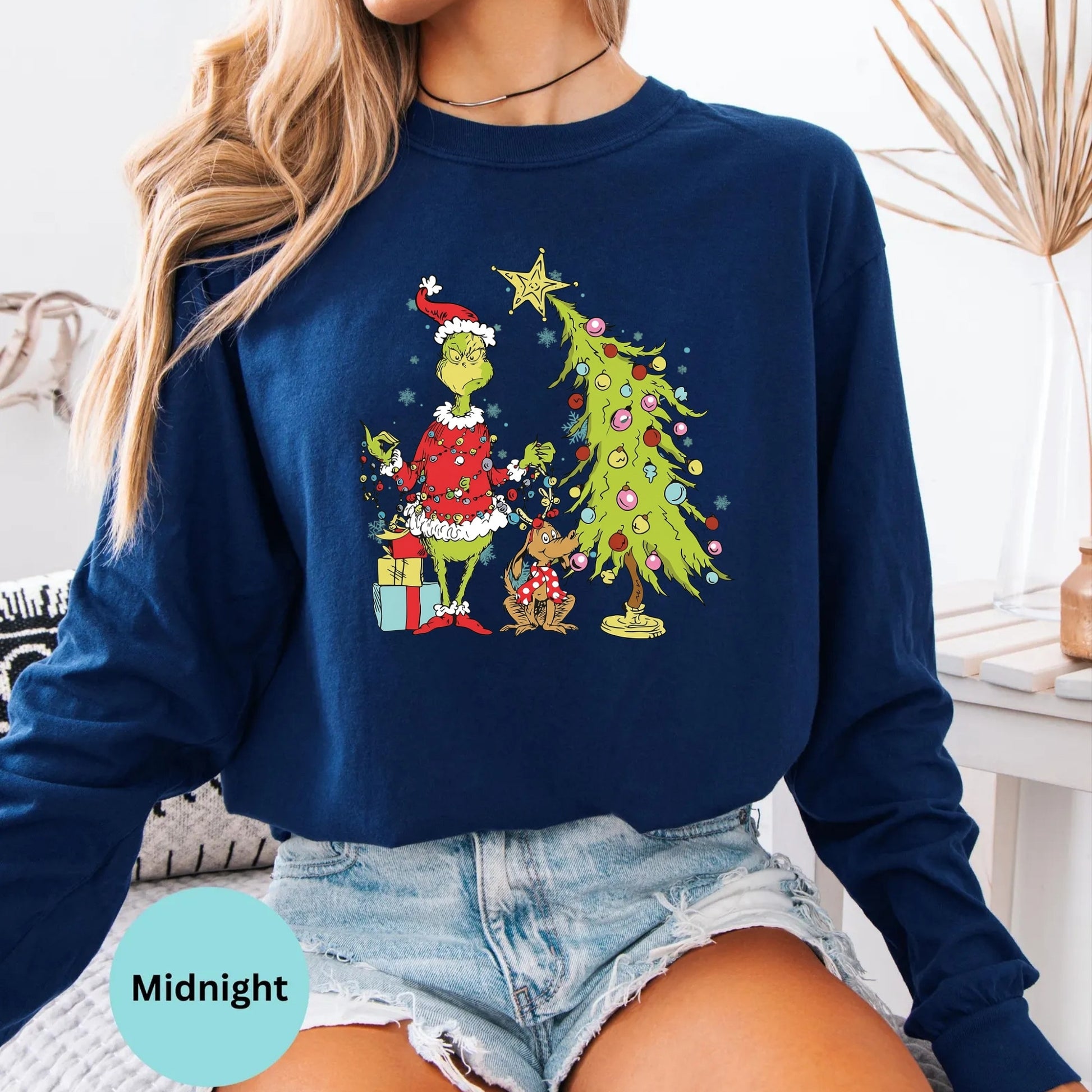 Comfort Colors long sleeve in Midnight with Grinch Christmas tree design.