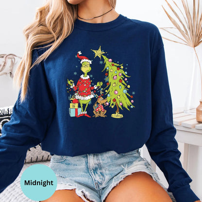 Comfort Colors long sleeve in Midnight with Grinch Christmas tree design.