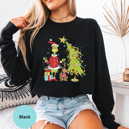 Comfort Colors long sleeve in Black featuring Grinch Christmas tree print.