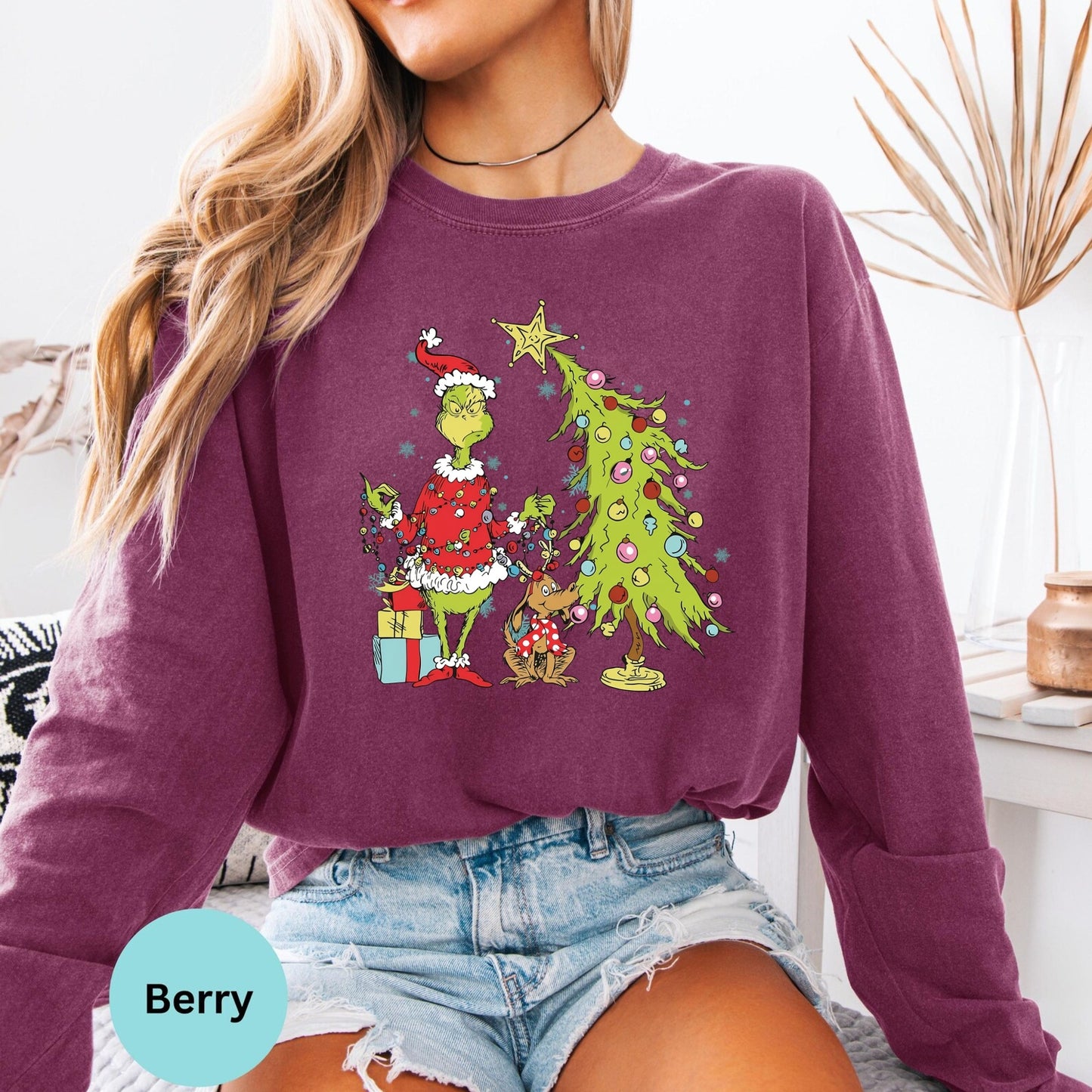 Comfort Colors® Grinch Christmas Tree Grinchy Long Sleeve T-Shirt, Whimsical Grinchmas Holiday Gift Shirt