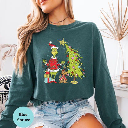 Comfort Colors® Grinch Christmas Tree Grinchy Long Sleeve T-Shirt, Whimsical Grinchmas Holiday Gift Shirt