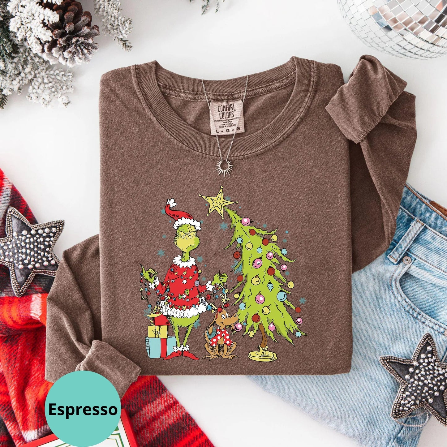Comfort Colors® Grinch Christmas Tree Grinchy Long Sleeve T-Shirt, Whimsical Grinchmas Holiday Gift Shirt