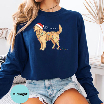 Comfort Colors® Golden Retriever Christmas Lights Long Sleeve T-Shirt, Dog Lover Holiday Gift Shirt