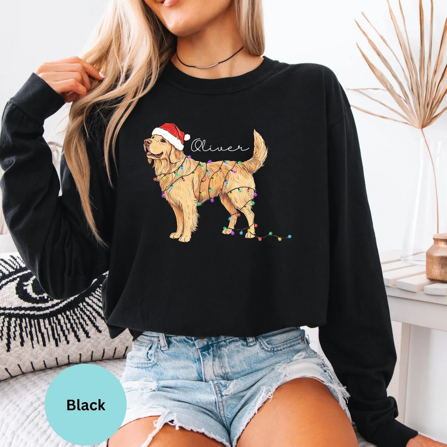 Comfort Colors long sleeve in Black with golden retriever Christmas lights graphic.