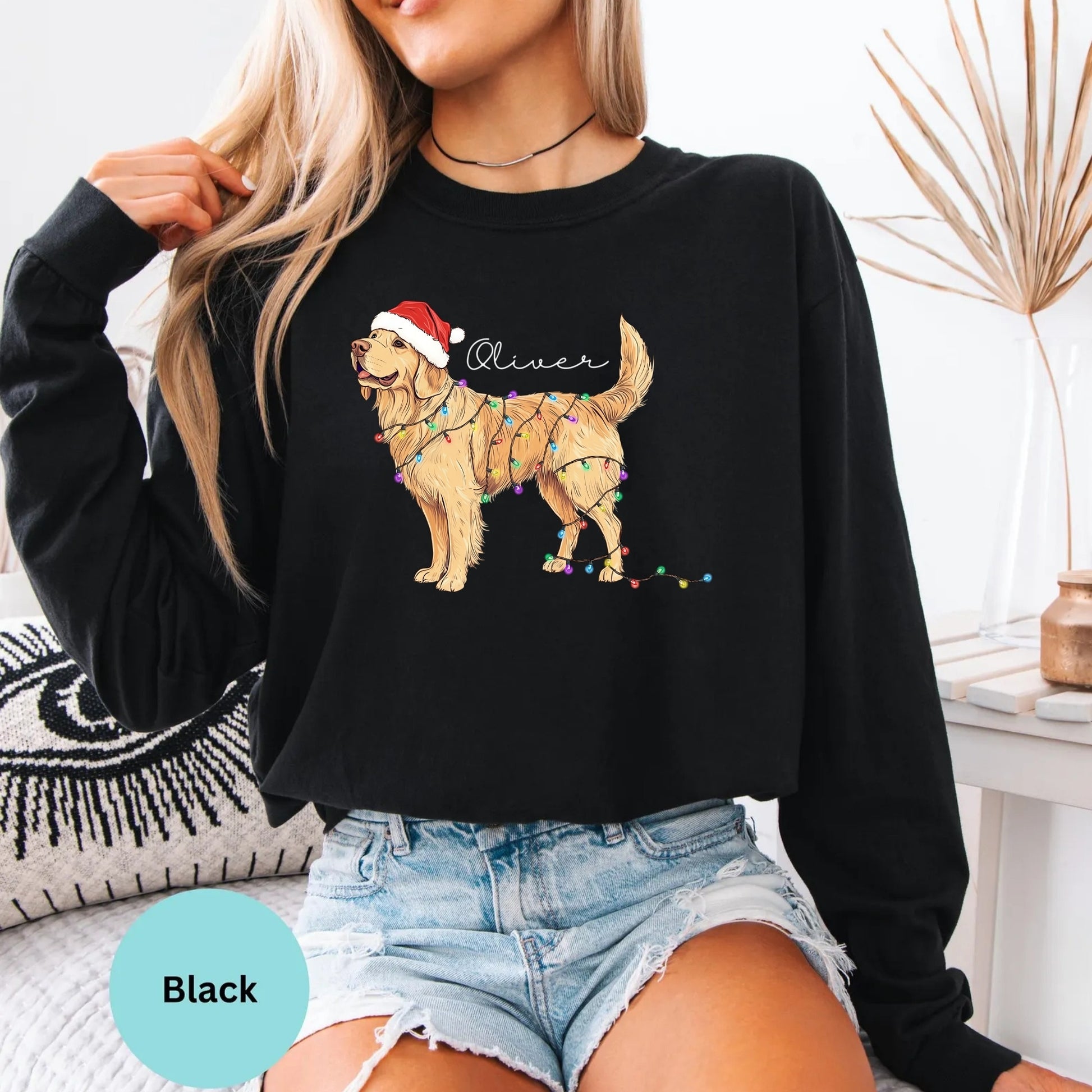 Comfort Colors long sleeve in Black with golden retriever Christmas lights graphic.