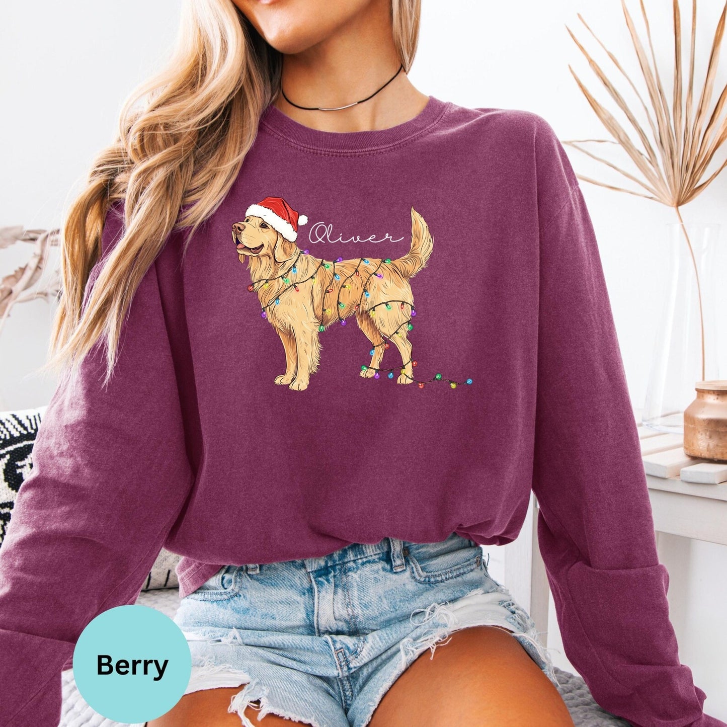 Comfort Colors® Golden Retriever Christmas Lights Long Sleeve T-Shirt, Dog Lover Holiday Gift Shirt