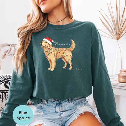 Comfort Colors® Golden Retriever Christmas Lights Long Sleeve T-Shirt, Dog Lover Holiday Gift Shirt