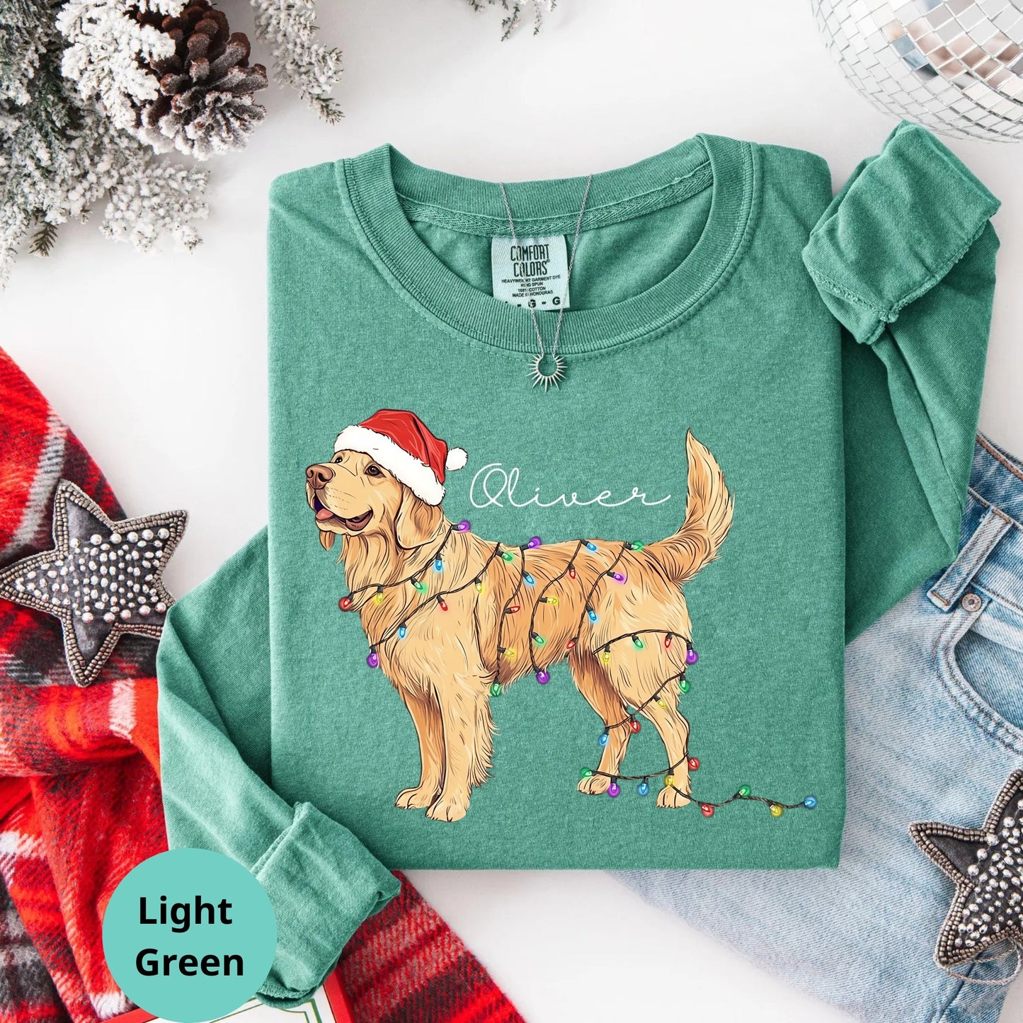 Comfort Colors® Golden Retriever Christmas Lights Long Sleeve T-Shirt, Dog Lover Holiday Gift Shirt