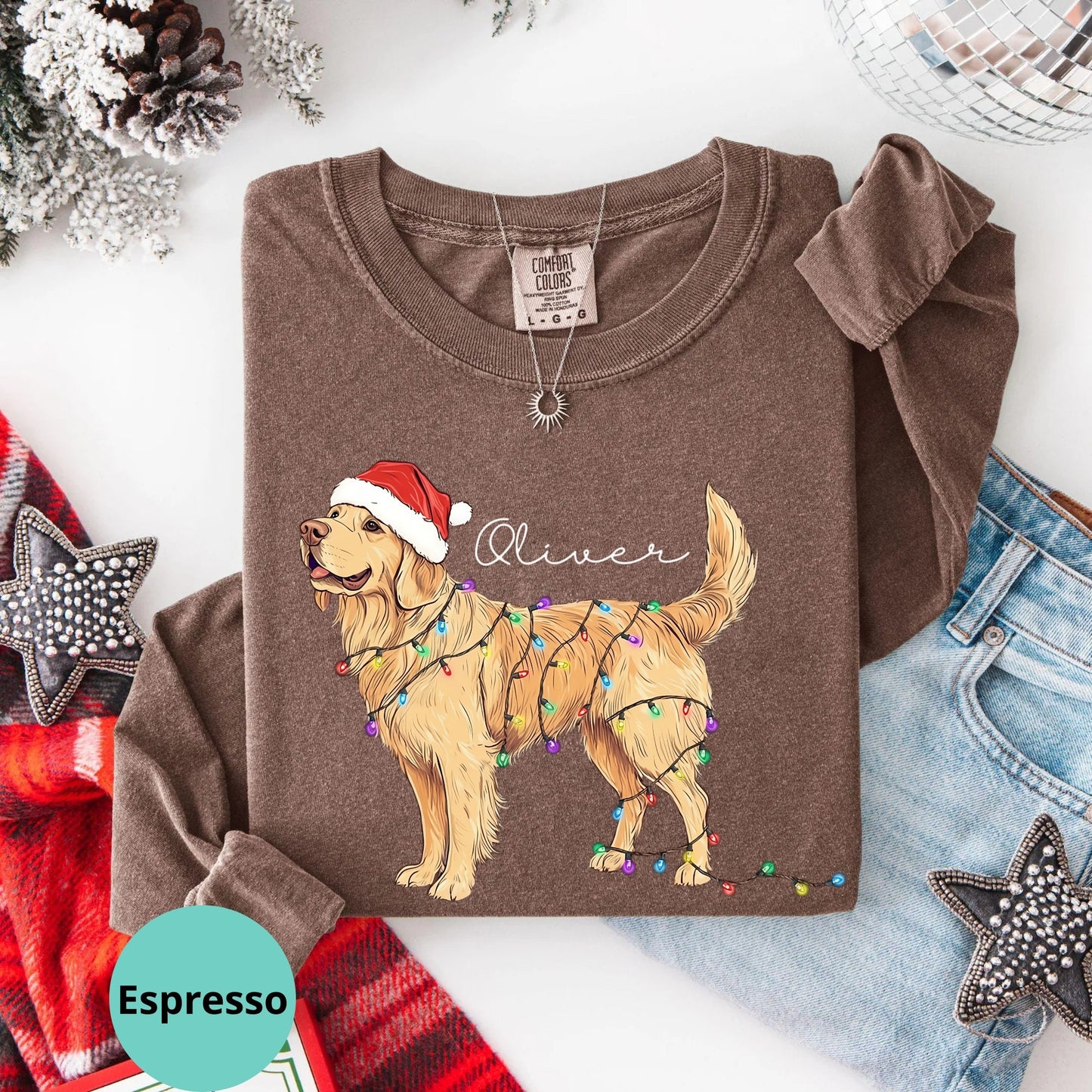 Comfort Colors® Golden Retriever Christmas Lights Long Sleeve T-Shirt, Dog Lover Holiday Gift Shirt
