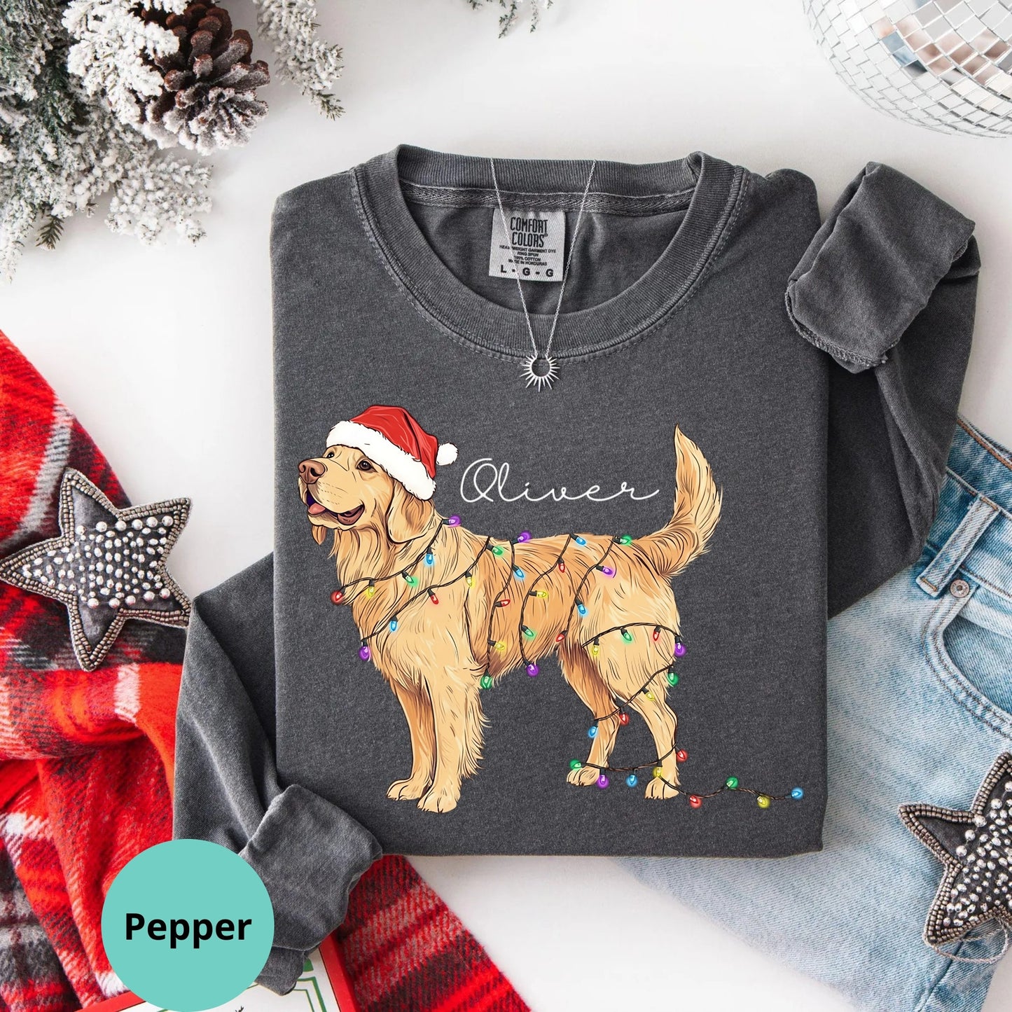 Comfort Colors long sleeve in Pepper featuring golden retriever Christmas lights graphic.