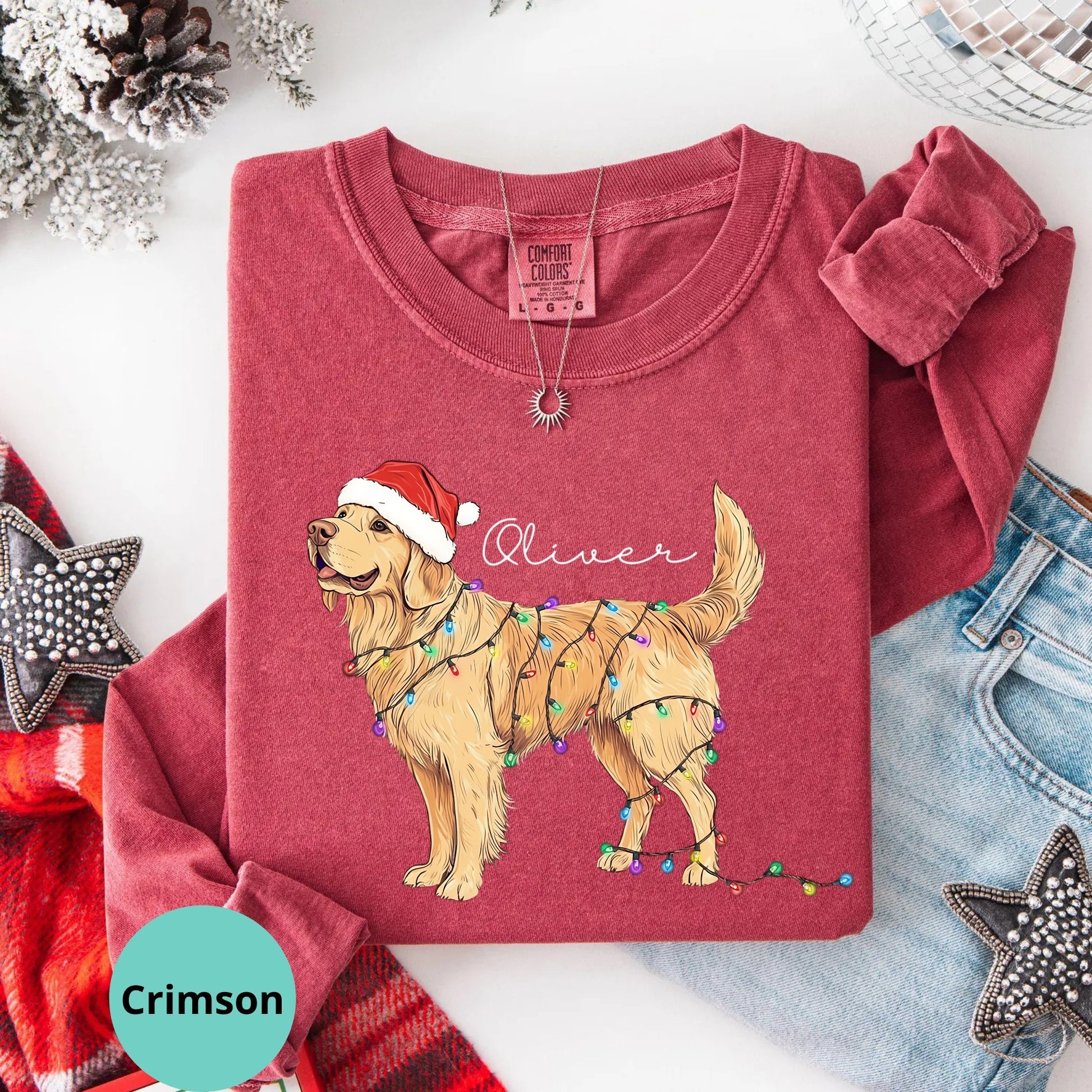 Comfort Colors long sleeve in Crimson with golden retriever Christmas lights graphic.