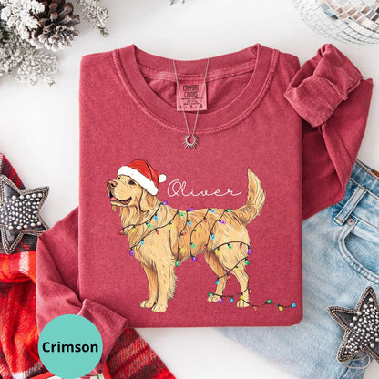 Comfort Colors long sleeve in Crimson with golden retriever Christmas lights graphic.