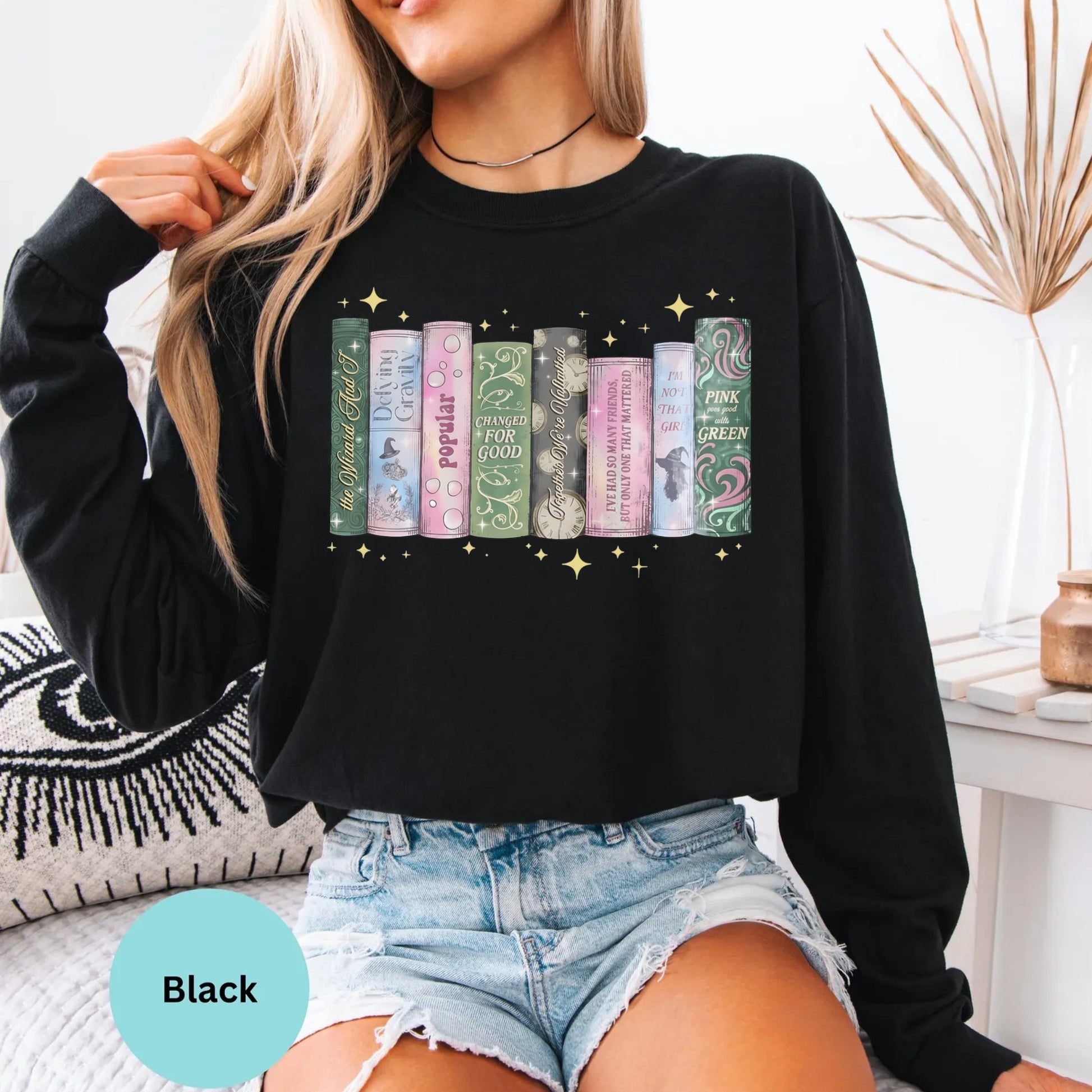 Comfort Colors long sleeve shirt in Black with book spine graphic.