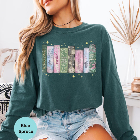 Comfort Colors long sleeve shirt in Blue Spruce with vintage book spine graphic.