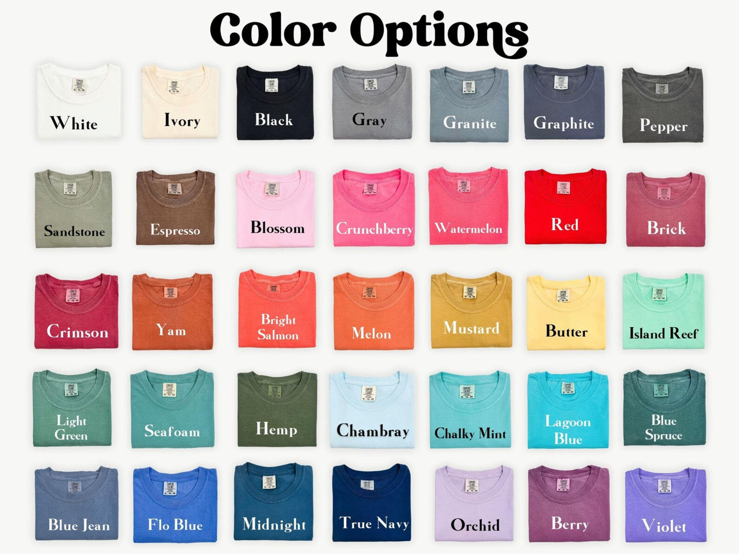 Comfort Colors® long sleeve shirt color options chart
