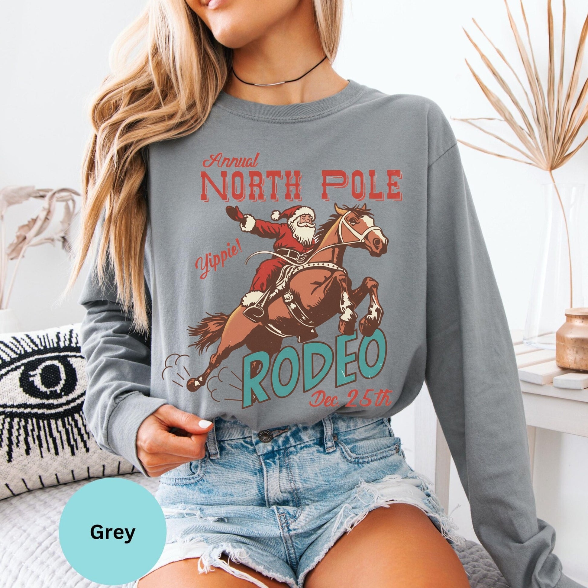 Comfort Colors® Retro Western Christmas Cowboy Santa long sleeve shirt in Grey
