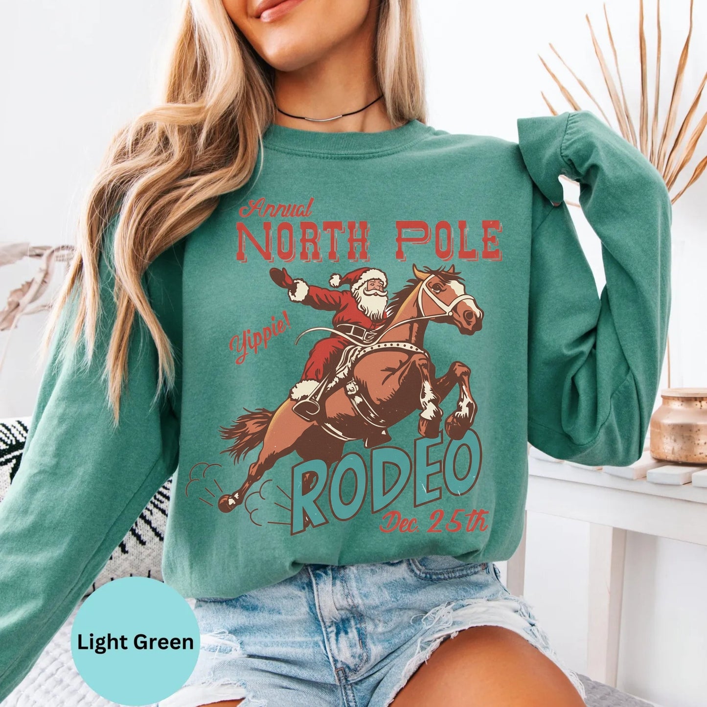 Comfort Colors® Retro Western Christmas Long Sleeve T-Shirt – North Pole Rodeo Cowboy Santa Shirt