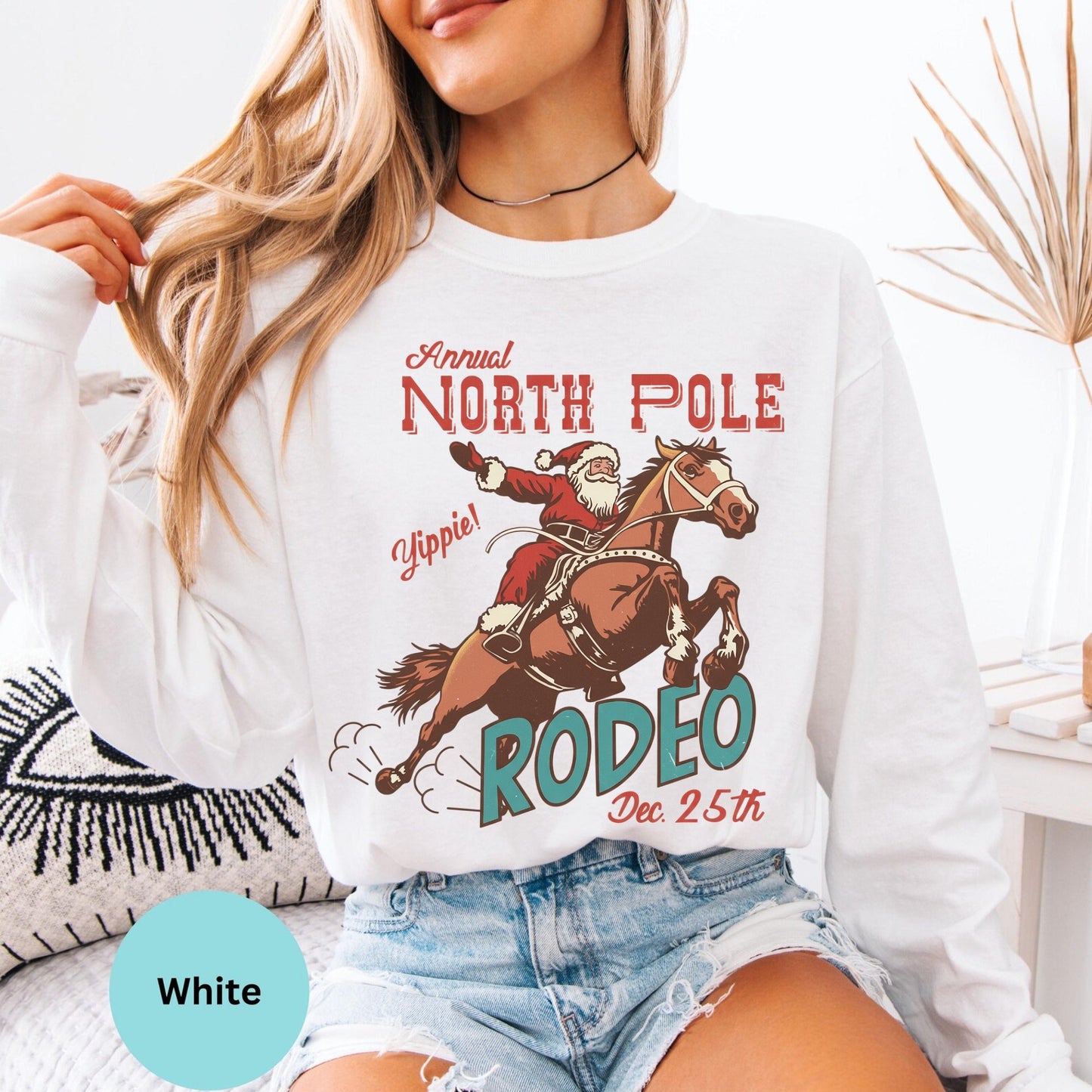 Comfort Colors® Retro Western Christmas Cowboy Santa long sleeve shirt in White
