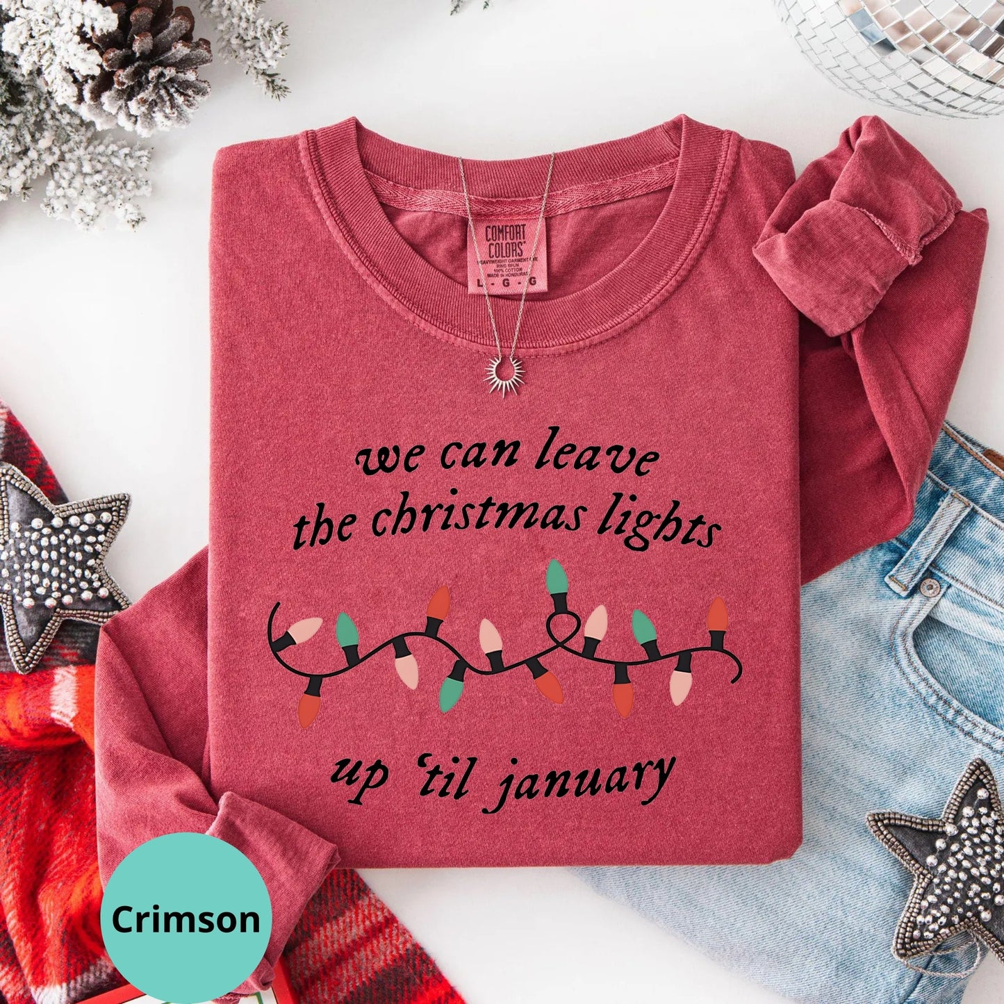 Comfort Colors Crimson Christmas Lights Up Til January long sleeve shirt mockup