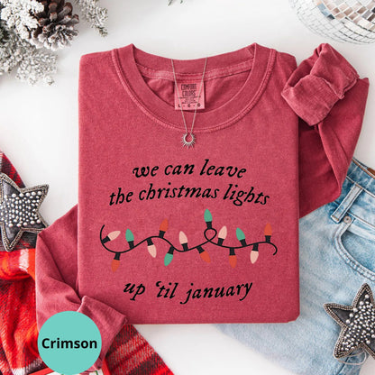 Comfort Colors Crimson Christmas Lights Up Til January long sleeve shirt mockup