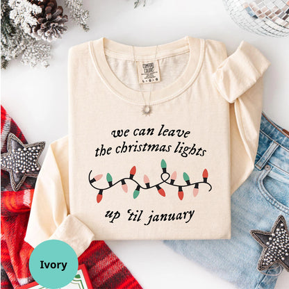Comfort Colors Ivory Christmas Lights Up Til January long sleeve shirt mockup
