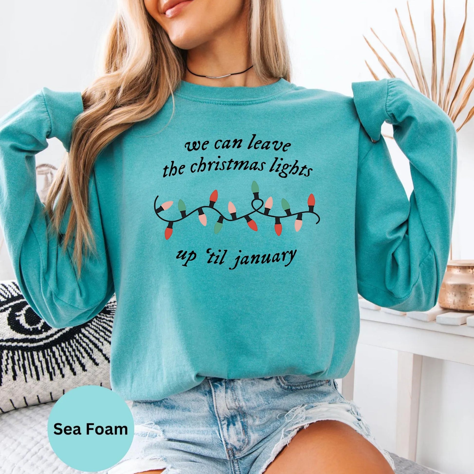 Comfort Colors Seafoam Christmas Lights Up Til January long sleeve shirt mockup