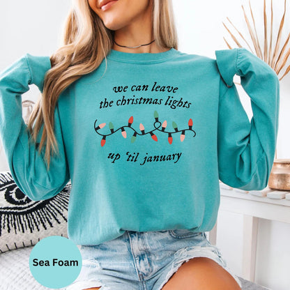 Comfort Colors Seafoam Christmas Lights Up Til January long sleeve shirt mockup