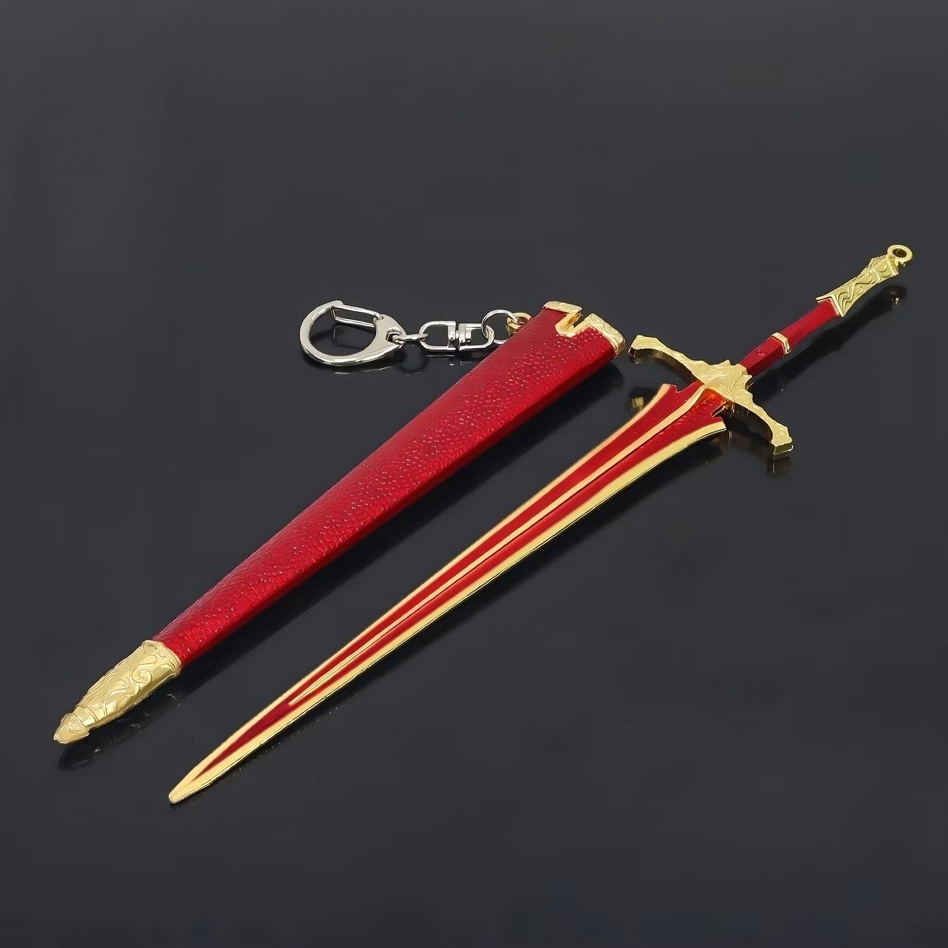 Mini medieval sword and scabbard replica laid flat on black background