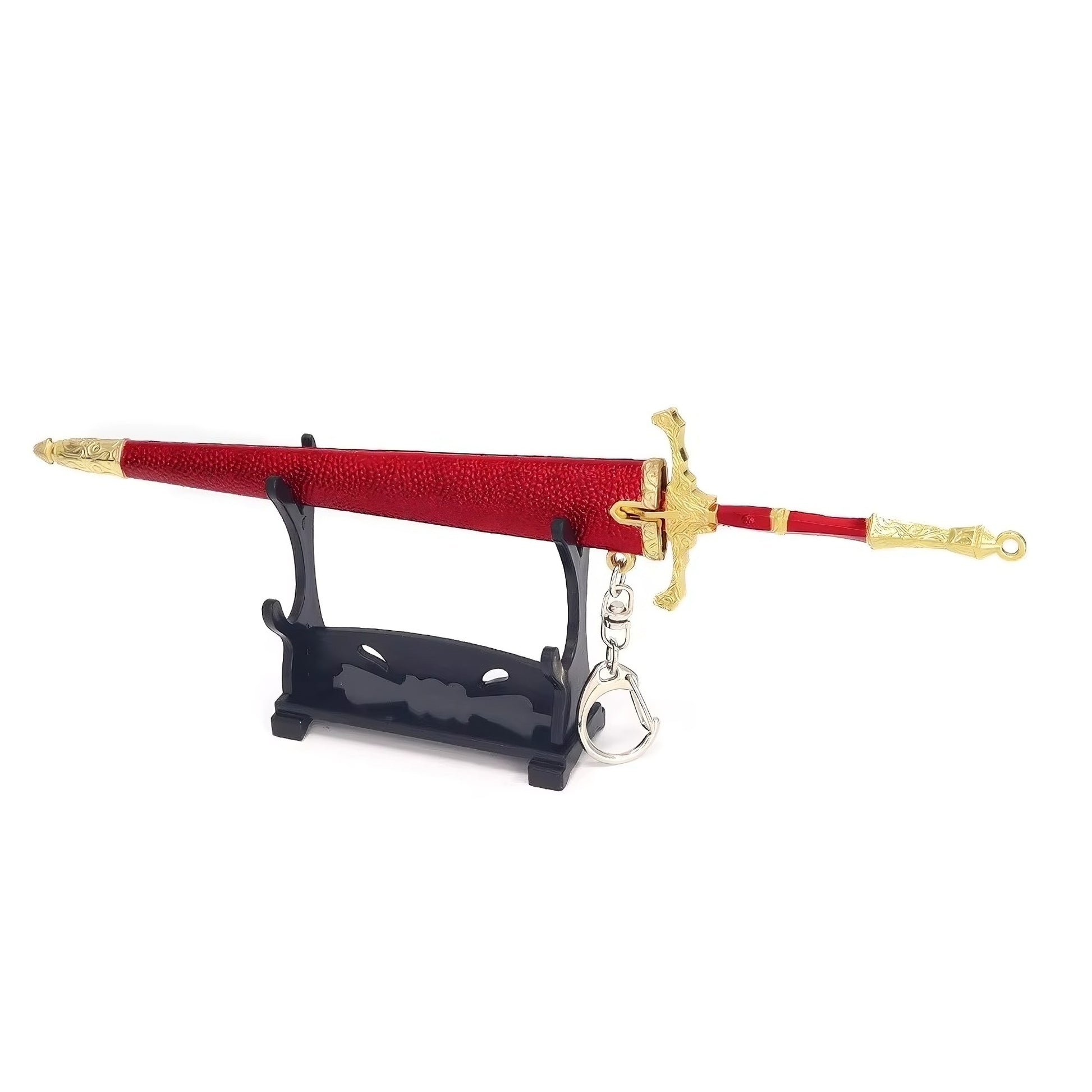 Mini medieval sword replica displayed on wooden stand with white background