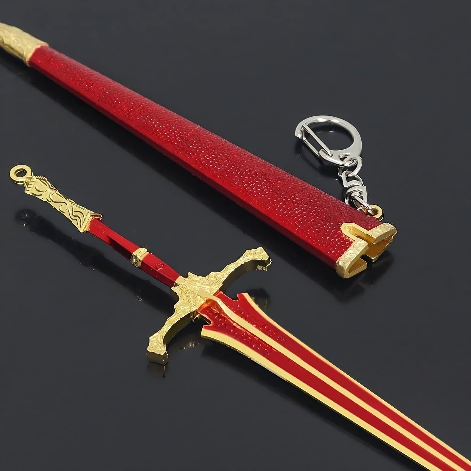 Mini medieval greatsword replica angled display view on black background