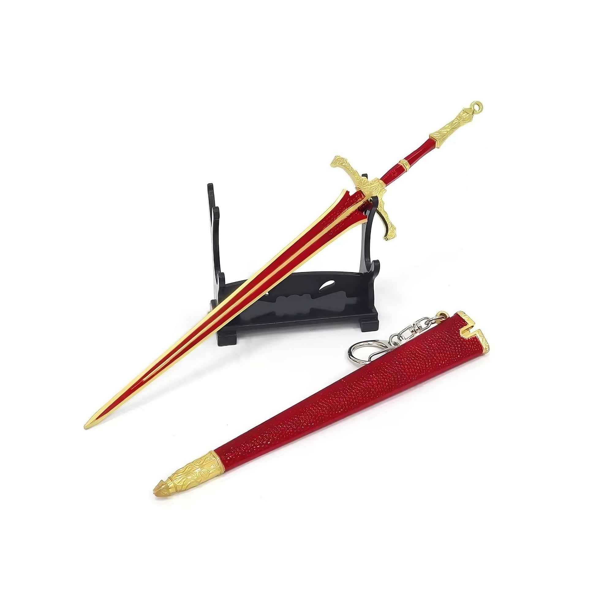 Mini medieval greatsword and scabbard replica shown together on black background