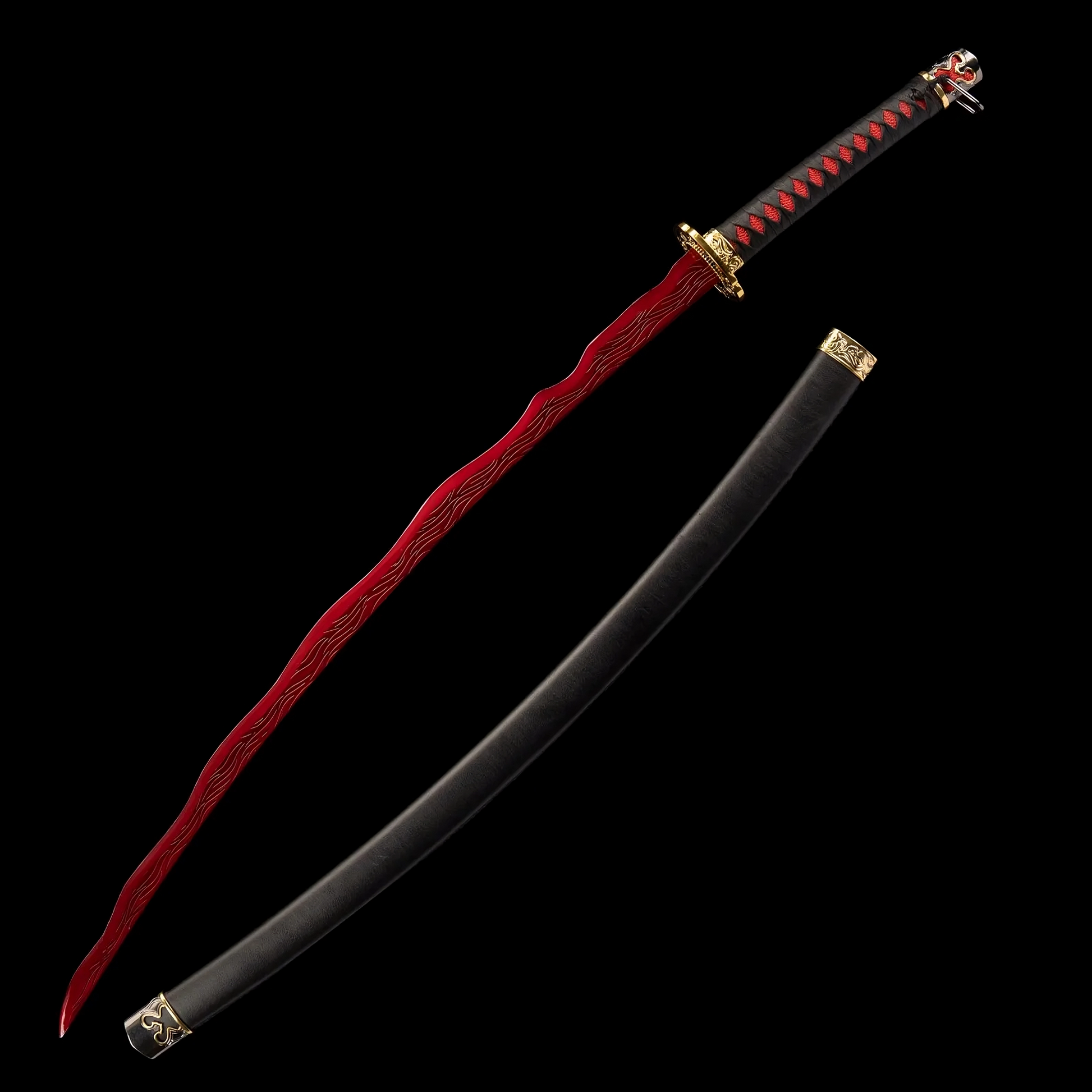 Black saya and katana displayed horizontally, Elden Ring inspired design.