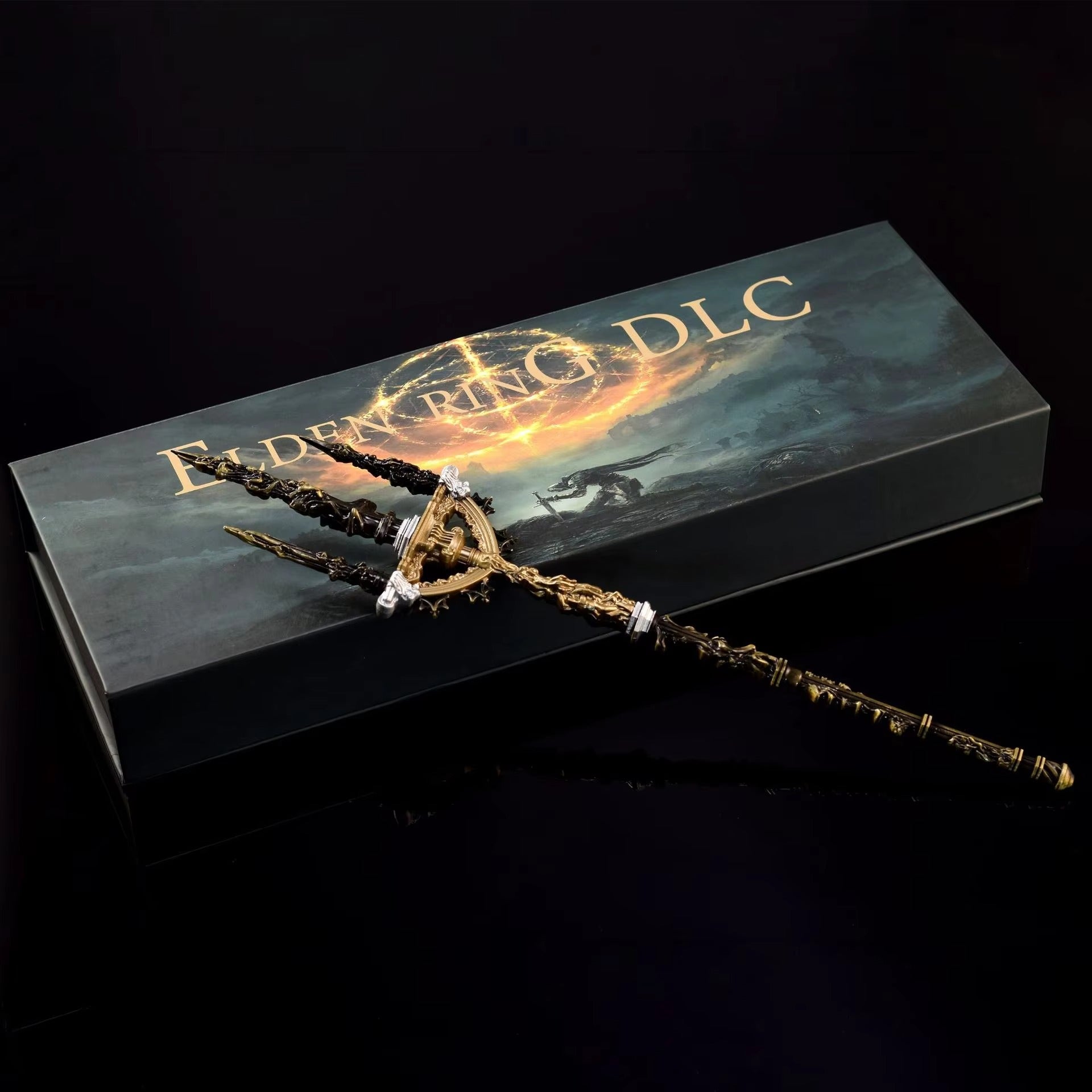 Mohgwyn's Sacred Spear fantasy metal prop displayed with collector box