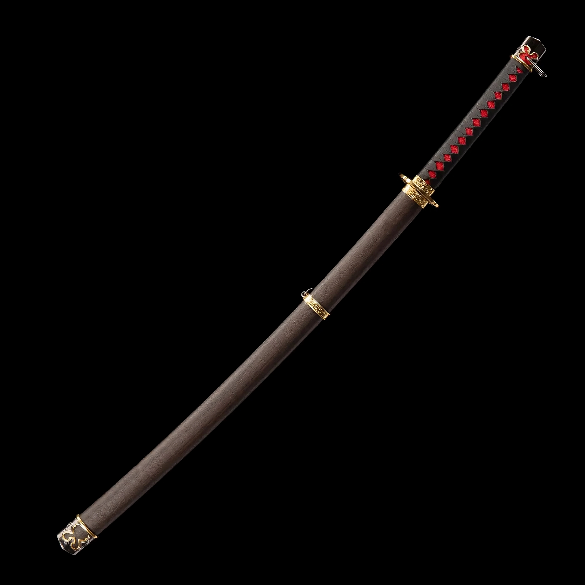 Full-length dark steel katana with traditional hand-forged blade.