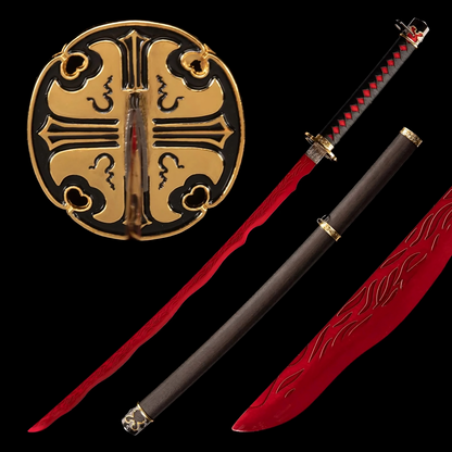 Gold alloy tsuba with katana and saya set, detailed replica craftsmanship.