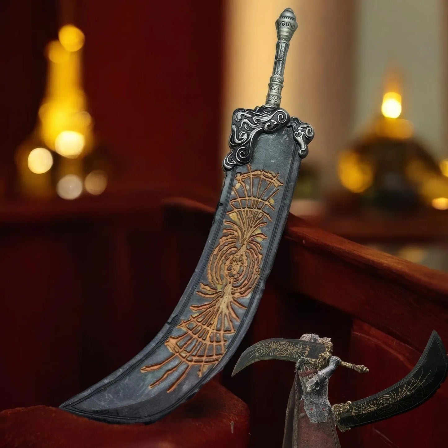Greatsword of Radahn inspired keychain displayed in warm lighting
