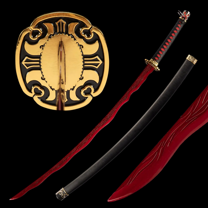 Rivers of Blood katana replica with gold tsuba, red blade, and black saya in full presentation.