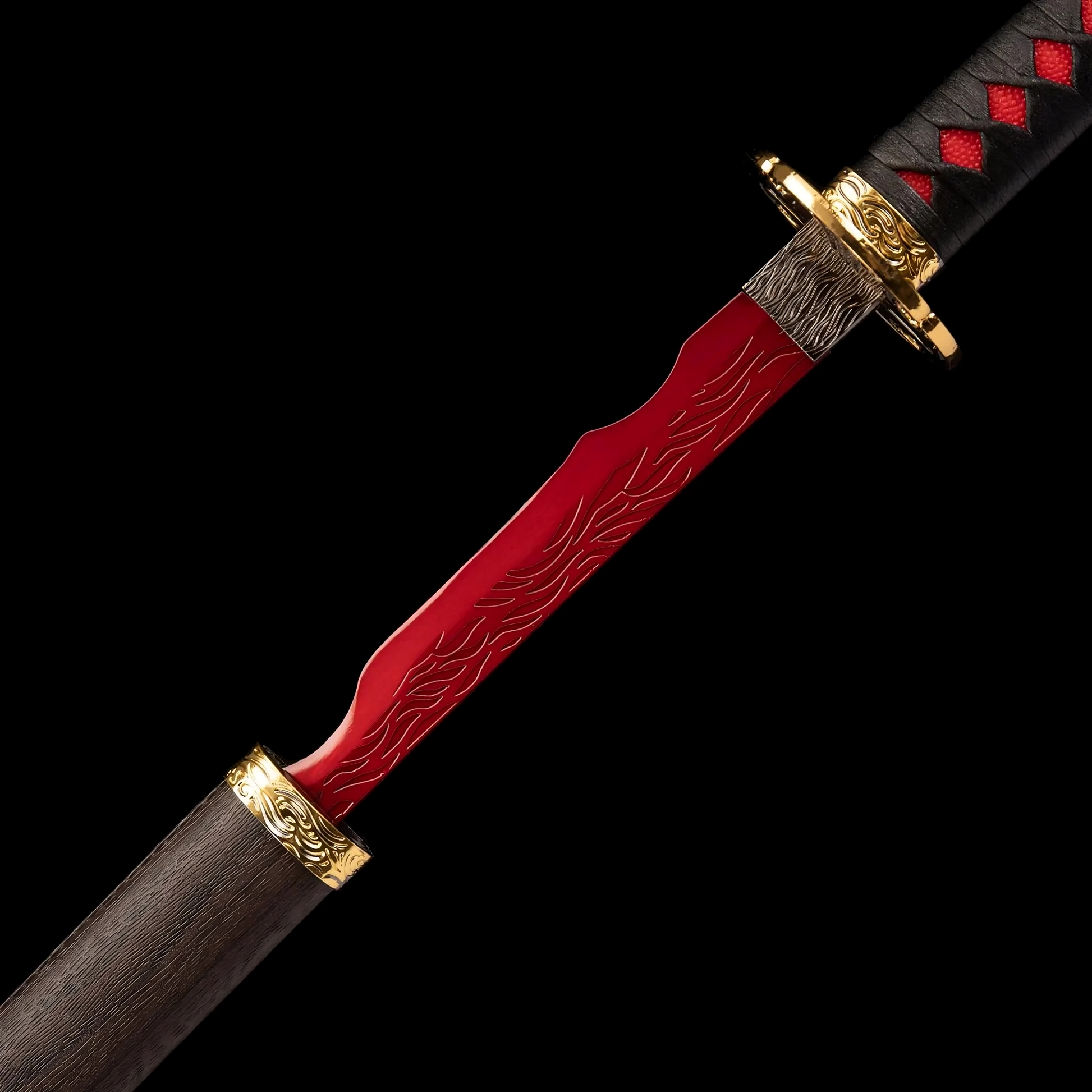 Leather-wrapped tsuka handle of handcrafted samurai katana.